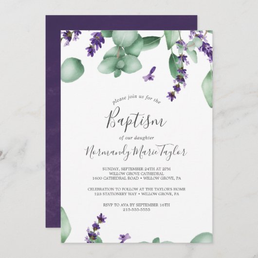 Rustic Lavender en Eucalyptus Baptisme Kaart (Voorkant / Achterkant)