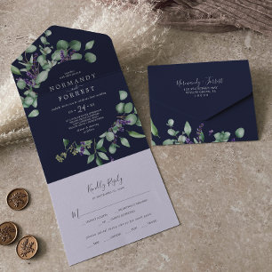 Rustic Lavender en Eucalyptus   Navy Blue Wedding All In One Uitnodiging