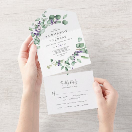 Rustic Lavender en Eucalyptus Wedding All In One Uitnodiging (Afscheurbaar)