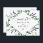 Rustic Lavender Enregistrer la carte postale Date<br><div class="desc">Cette lavande rustique à l'exception de la carte postale datant est parfaite pour un mariage extérieur simple et élégant. Le design floral présente des feuilles d'eucalyptus aquarelle et de la verdure avec des sprigs de fleurs sauvages violets.</div>