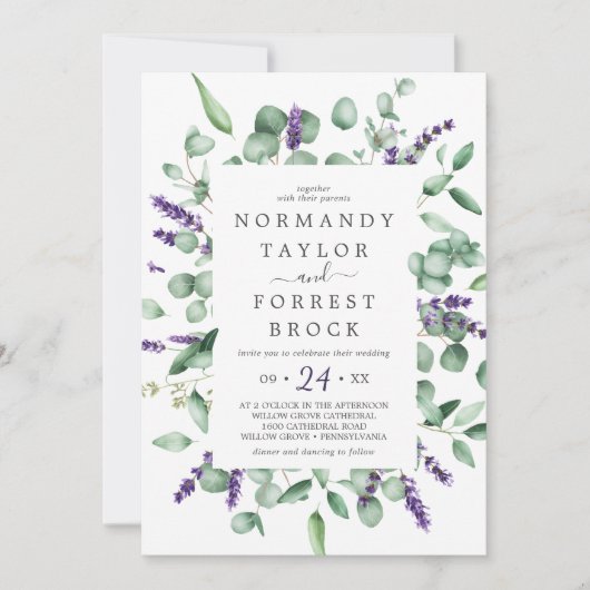 Rustic Lavender & Eucalyptus All-in-One Weddenscha Kaart (Voorkant)
