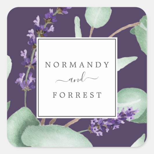 Rustic Lavender & Eucalyptus Paarse envelop Vierkante Sticker (Voorkant)
