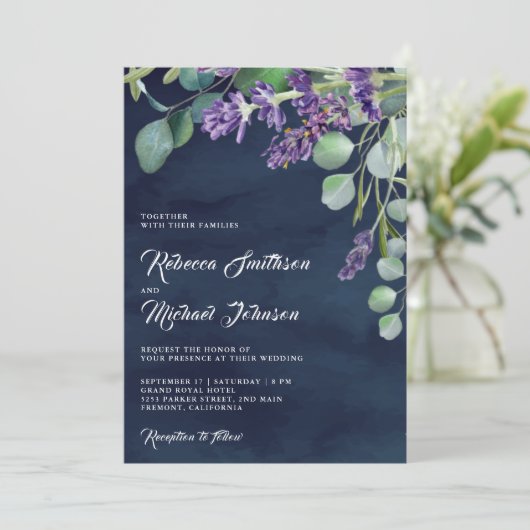 Rustic Lavender Eucalyptus QR Code Navy Weddenscha Kaart (Staand voorkant)