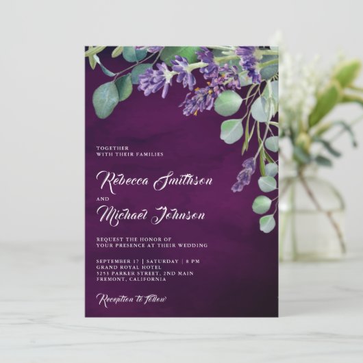 Rustic Lavender Eucalyptus QR Code Paars Weddensch Kaart (Staand voorkant)