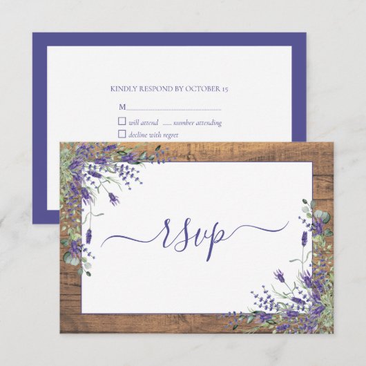 Rustic Lavender Eucalyptus Script Wood RSVP Kaartje (Voorkant / Achterkant)