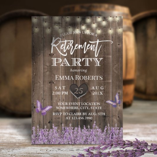 Rustic Lavender Floral  Wood Retirement Kaart