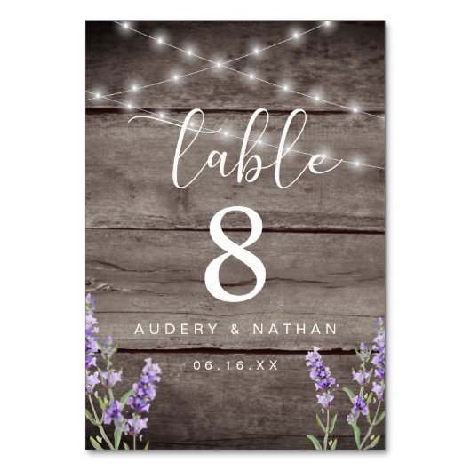 Rustic Lavender Lights Wedding  Table Number Kaart (Voorkant)