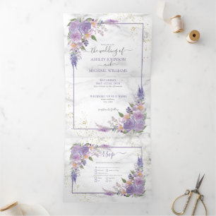 Rustic Lavender Lila Gold Floral Photo Wedding Drieluik Uitnodiging