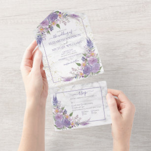 Rustic Lavender Lila marble Gold Floral Wedding All In One Uitnodiging