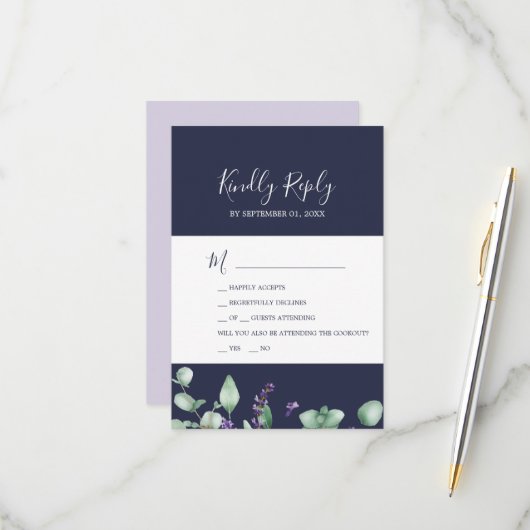 Rustic Lavender | Navy Blue 2 Event RSVP Card (Voorkant / Achterkant in situ)