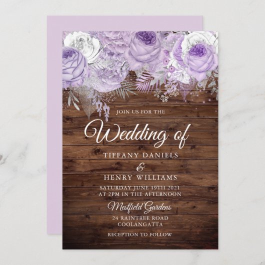 Rustic Lavender Paarse Sparkle Floral Wedding Kaart (Voorkant / Achterkant)
