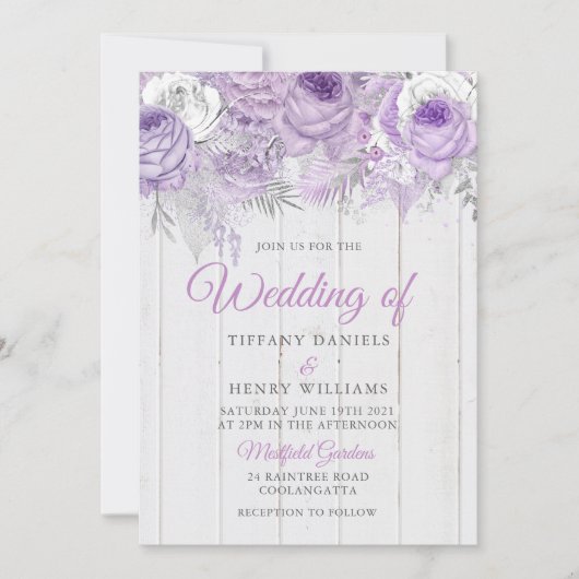 Rustic Lavender Purple Flowers Wedding Invite Kaart (Voorkant)