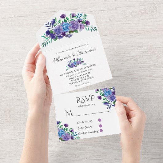 Rustic Lavender Waterverf Floral Wedding All In One Uitnodiging (Afscheurbaar)