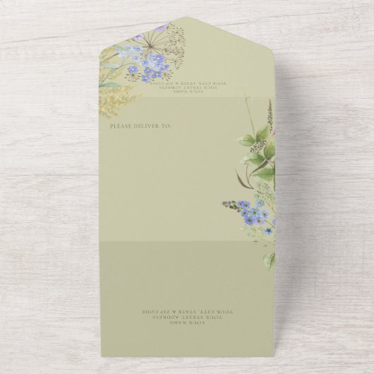Rustic Lavender Wildbloemen Sage Green Dinner All In One Uitnodiging (Buitenkant)