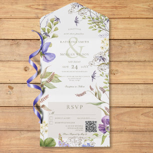 Rustic Lavender Wildbloemen Wit QR-code All In One Uitnodiging