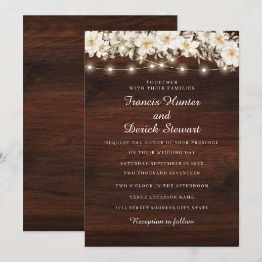 Rustic Leaf String Lights Hout Huwelijksuitnodigin Kaart (Voorkant / Achterkant)