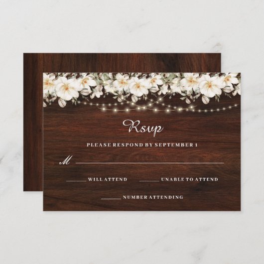Rustic Leaf String Lights Hout Wedding RSVP (Voorkant / Achterkant)