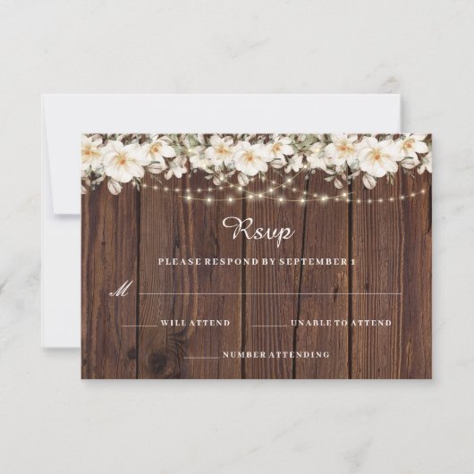 Rustic Leaf String Lights Hout Wedding RSVP Kaartje (Voorkant)