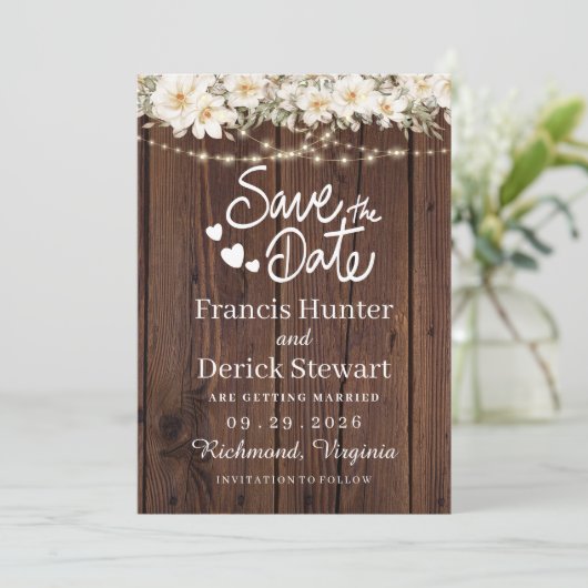 Rustic Leaf String Lights Wood Save The Date Kaart (Staand voorkant)