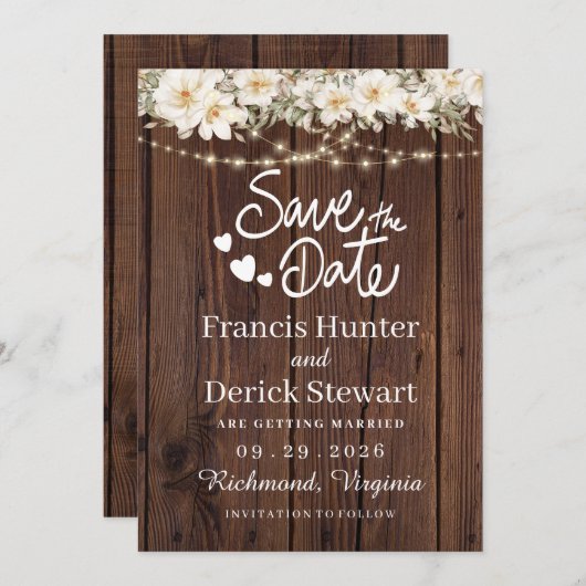 Rustic Leaf String Lights Wood Save The Date Kaart (Voorkant / Achterkant)