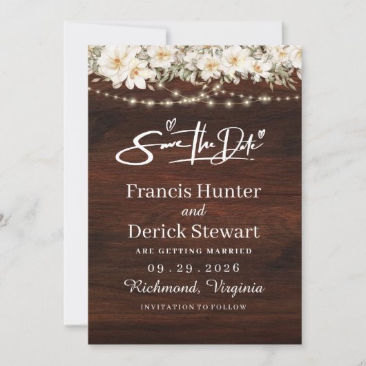 Rustic Leaf String Lights Wood Save The Date Kaart (Voorkant)