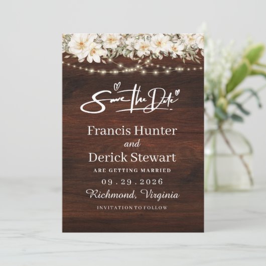 Rustic Leaf String Lights Wood Save The Date Kaart (Staand voorkant)