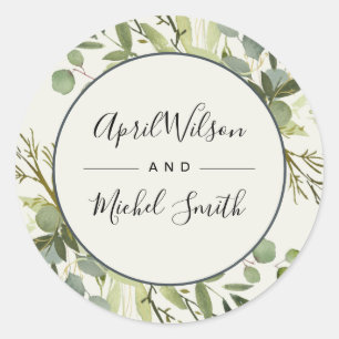 RUSTIC LEAFY GREEN GOLD FOLIAGE WATERVERF WEDDING RONDE STICKER