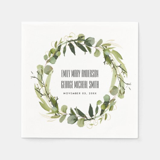 RUSTIC LEAFY GREEN GOLD FOLIAGE WATERVERF WEDDING SERVET (Voorkant)