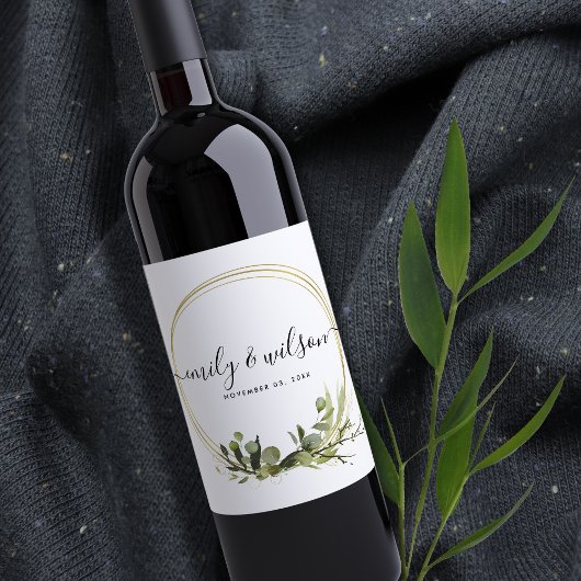RUSTIC LEAFY GREEN GOLD FOLIAGE WATERVERF WEDDING WIJN ETIKET