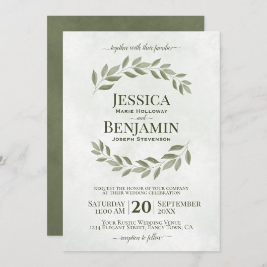 Rustic Leaves Elegant Sage & Olive Green Wedding Kaart (Voorkant / Achterkant)