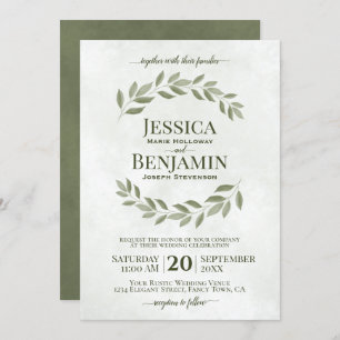 Rustic Leaves Elegant Sage & Olive Green Wedding Kaart
