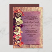 Rustic Leaves Paarse Fall Wedding Invitations Kaart (Voorkant / Achterkant)