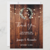 Rustic leaves string lights Thank you wedding card (Voorkant)