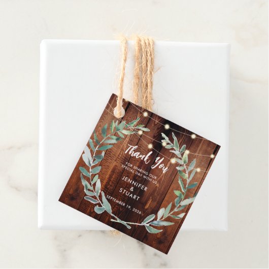 Rustic leaves wood string lights Wedding Thank You Bedankjes Labels (In situ)