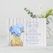 Rustic Lemons Jar & Blue Hydrangea Wedding Kaart (Staand voorkant)
