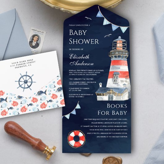 Rustic Lighthouse Nautical Navy Blue Baby shower All In One Uitnodiging