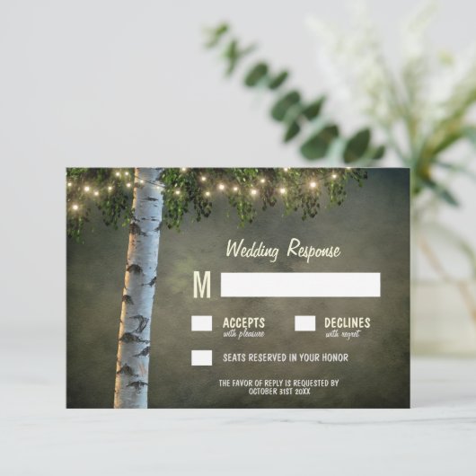 Rustic Lights Birch Bark Tree Wedding RSVP Kaarten (Staand voorkant)