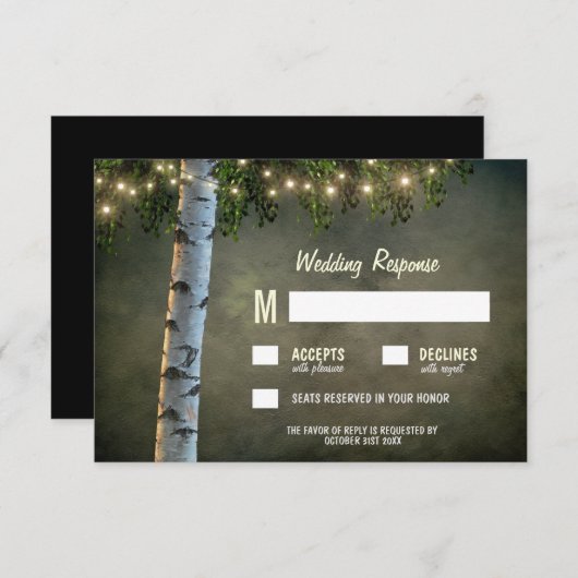 Rustic Lights Birch Bark Tree Wedding RSVP Kaarten (Voorkant / Achterkant)