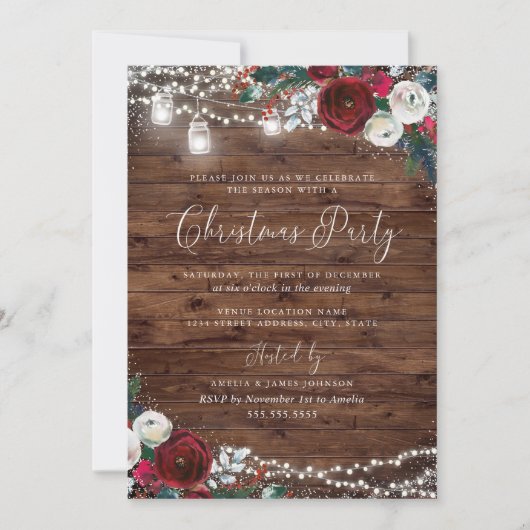 Rustic Lights Bourgondië Bloemen Sneeuw Kerstmis Kaart (Voorkant)