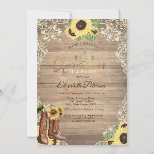 Rustic Lights,Lace,Boots Sunflowers Quinceañera Kaart (Voorkant)