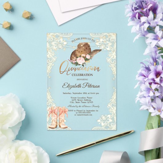 Rustic Lights Lace Cowboy Hat Boots Quinceañera Acryl Uitnodigingen (Insitu (Huwelijk))