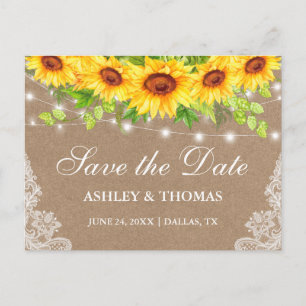Rustic Lights Lace Sunflower Kraft Save the Date Aankondigingskaart