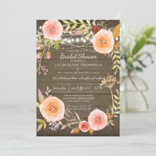 Rustic Lights N Wood Vrijgezellenfeest Bloemen Kra Kaart (Staand voorkant)