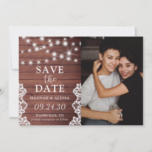 Rustic Lights Photo LGBTQ Save The Date Card (Voorkant)