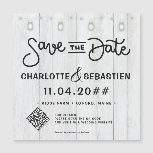 Rustic Lights Script QR Code Save The Date Magnet (Voorkant)