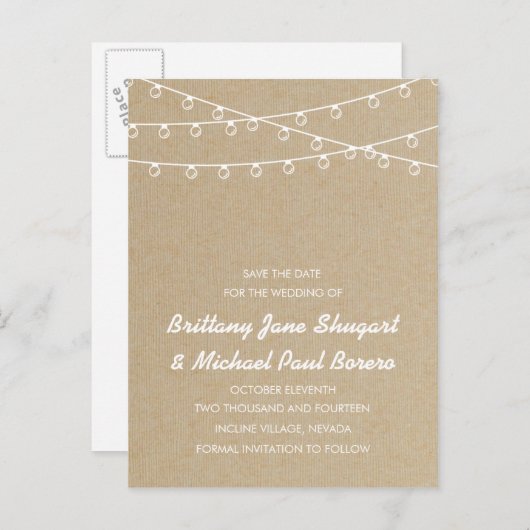 Rustic Lights White Bewaar de datum Aankondigingskaart (Voorkant / Achterkant)