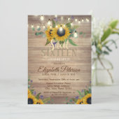 Rustic Lights, zonnebloemen Hout Sweet 16 Party Kaart (Staand voorkant)