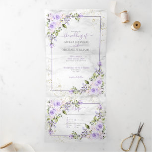 Rustic Lila Lavender Gold Marble Photo Wedding Drieluik Uitnodiging