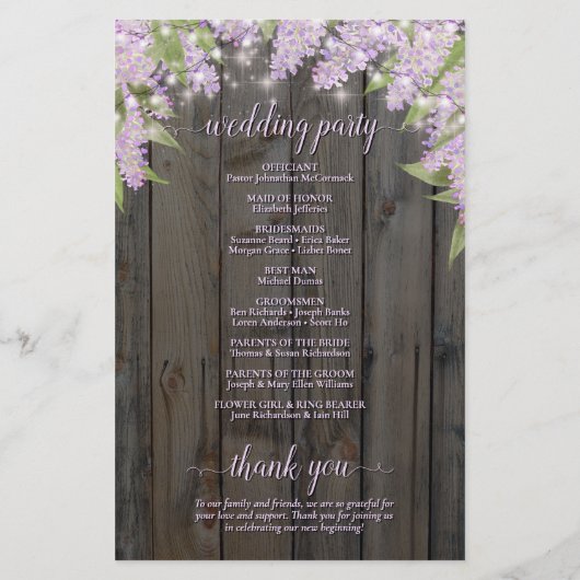 Rustic Lilacs on Barn Wood Programme de mariage bu (Dos)
