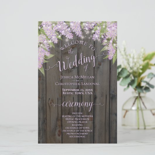 Rustic Lilacs on Barn Wood Programme de mariage bu (Debout devant)